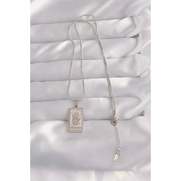 316L Çelik Gümüş Renk Pembe Mineli El Figür Tarot Kolye