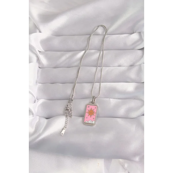 316L Çelik Gümüş Renk Pembe Mineli Güneş Model Tarot Kolye