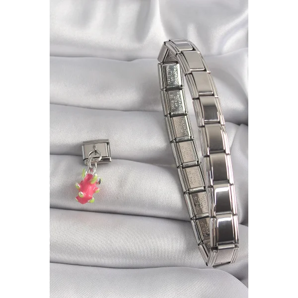 316L Çelik Gümüş Renk Sallantı Ejder Meyvesi Model Nomination Charm