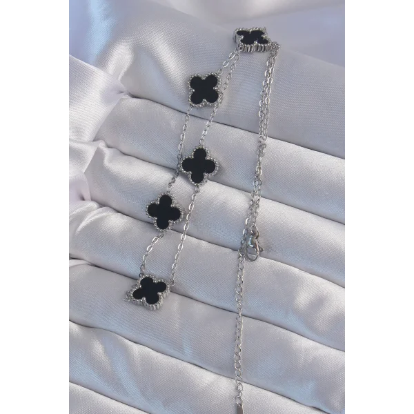 316L Çelik Gümüş Renk Siyah Mineli Yonca Kolye