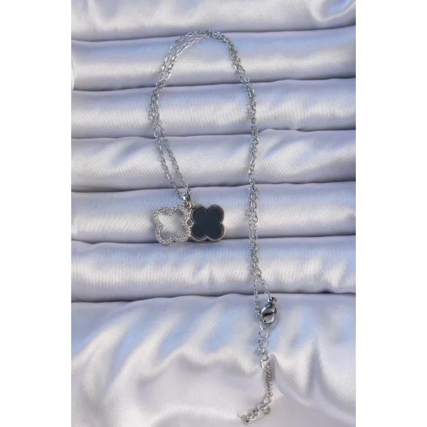 316L Çelik Gümüş Renk Siyah Mineli Zirkon Taşlı Yonca Figürlü Kolye