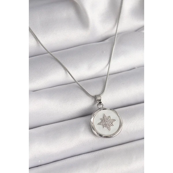 316L Çelik Gümüş Renk Zincir Beyaz Sedefli Zirkon Taşlı Yıldız İşleme Model Kadın Kolye