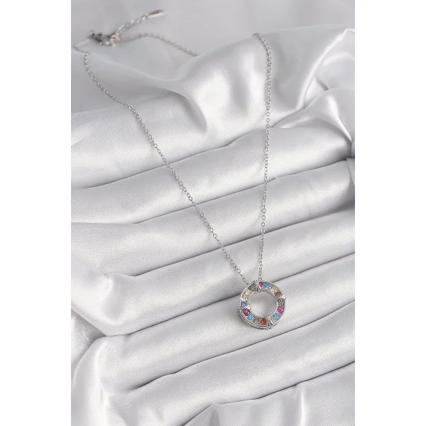316L Çelik Gümüş Renk Zincir Renkli Zirkon Taşlı Xoxo Model Kadın Kolye