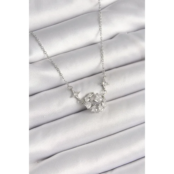 316L Çelik Gümüş Renk Zirkon Taşlı Hilal Kalp Model Kadın Kolye