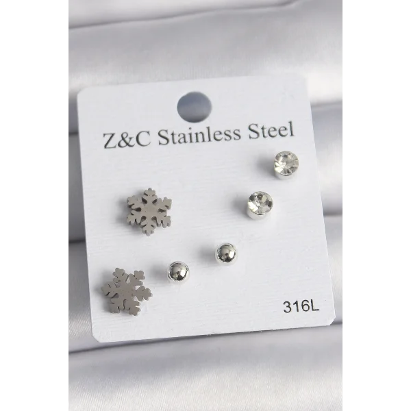 316L Çelik Gümüş Renk Zirkon Taşlı Kar Tanesi Model Kadın Küpe Seti