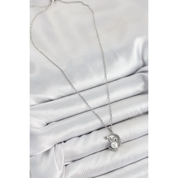 316L Çelik İnci Detaylı Hilal Tavşan Model Gümüş Renk Kadın Kolye