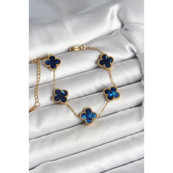 316L Çelik Sedefli Lacivert Gold Renk Yonca Kadın Bileklik