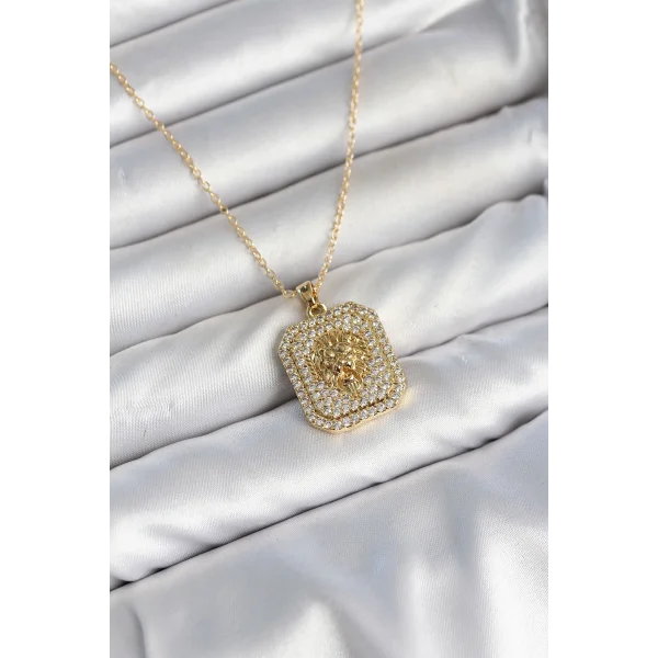 316L Çelik Zincir Gold Aslan Madalyon Model Zirkon Taşlı Kadın Kolye