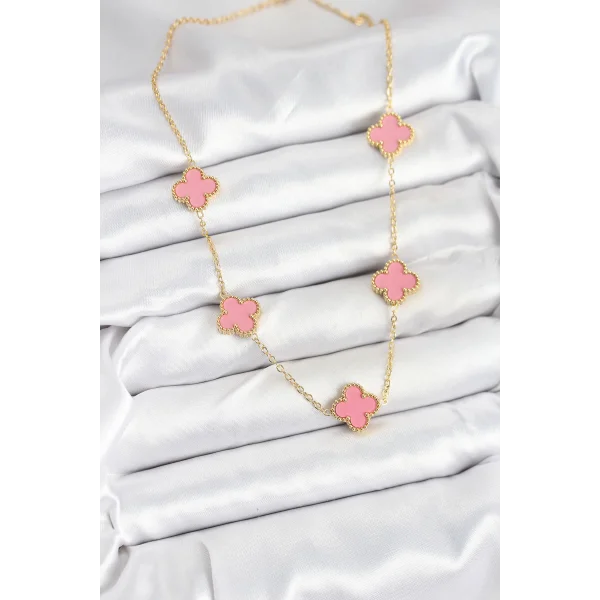 316L Çelik Zincir Gold Pembe Renk Yonca Kadın Kolye