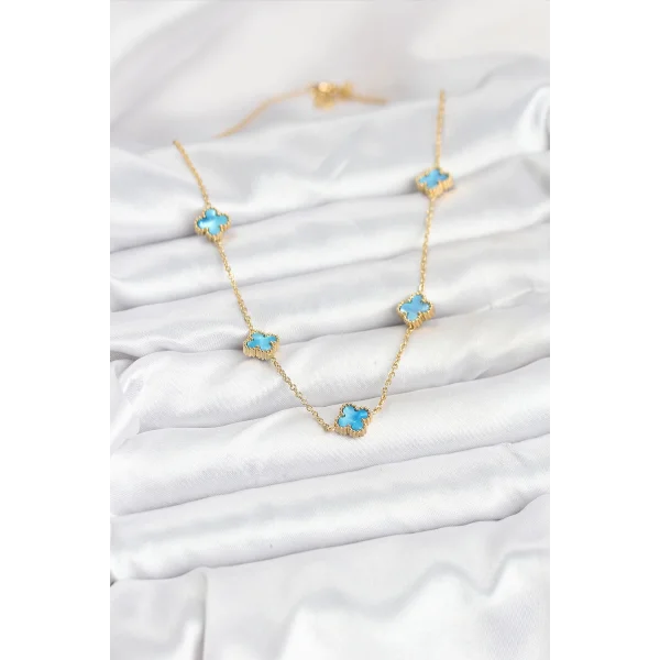 316L Çelik Zincir Gold Renk Buz Mavisi Baby Boy Yonca Kadın Kolye