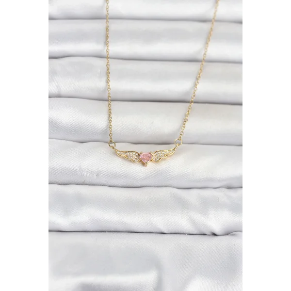 316L Çelik Zincir Gold Renk Kanatlı Pembe Kalp Model Kadın Kolye