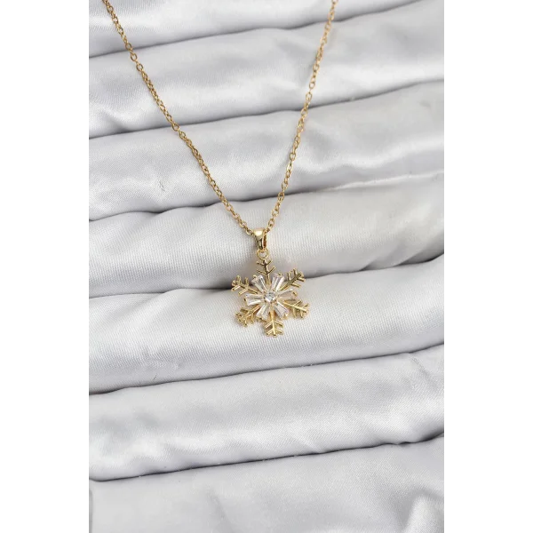 316L Çelik Zincir Gold Renk Kar Tanesi Model Zirkon Taşlı Kadın Kolye