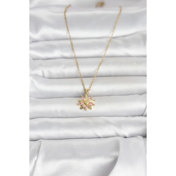 316L Çelik Zincir Gold Renk Pembe Papatya Model Kadın Kolye
