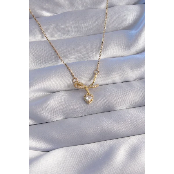 316L Çelik Zincir Gold Renk Zirkon Taşlı Yarım Fiyonk Kalp Kolye