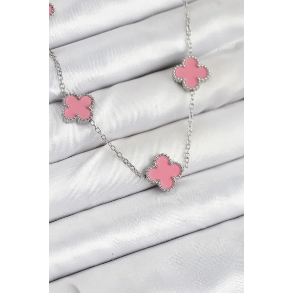 316L Çelik Zincir Gümüş Pembe Renk Yonca Kadın Kolye