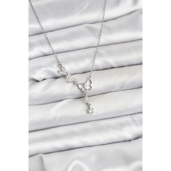 316L Çelik Zincir Gümüş Renk Kelebek Model Kadın Kolye