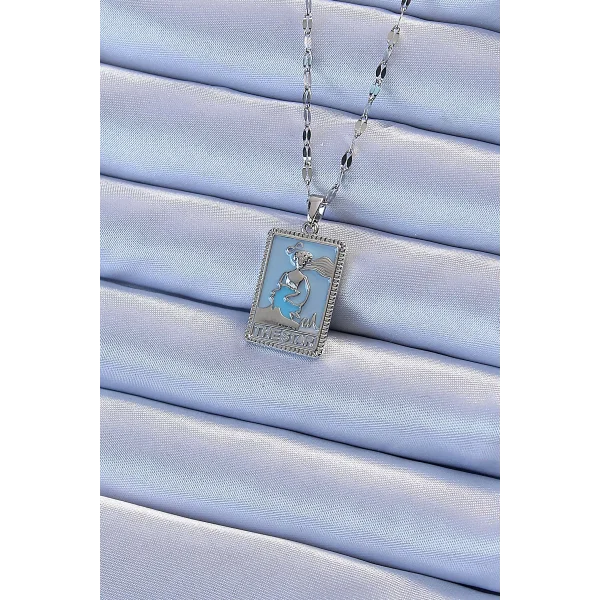 316L Çelik Zincir Gümüş Renk Mavi Mineli Tarot Kolye