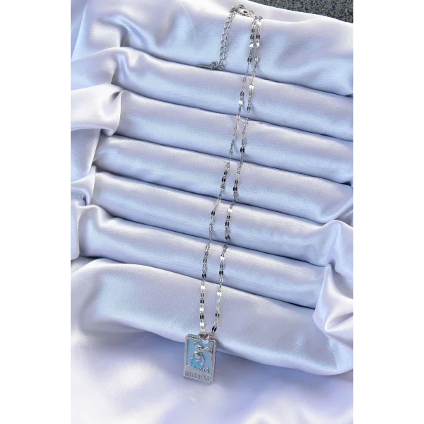 316L Çelik Zincir Gümüş Renk Mavi Mineli Tarot Kolye