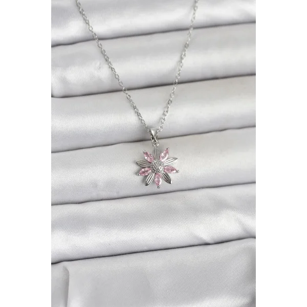 316L Çelik Zincir Gümüş Renk Pembe Papatya Model Kadın Kolye