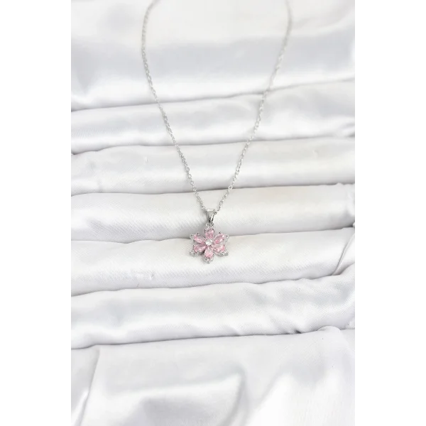 316L Çelik Zincir Gümüş Renk Pembe Zirkon Taşlı Lotus Model Kadın Kolye