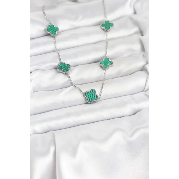 316L Çelik Zincir Gümüş Renk Yeşil Yonca Kadın Kolye