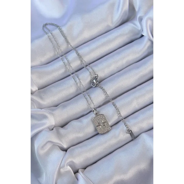 316L Çelik Zincir Gümüş Renk Zirkon Taşlı Kutup Yıldızlı Vintage Kolye