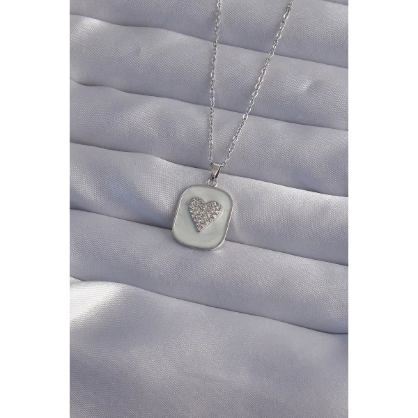 316L Çelik Zincir Mermer Desenli Gümüş Renk Zirkon Taşlı Kalp Model Kolye
