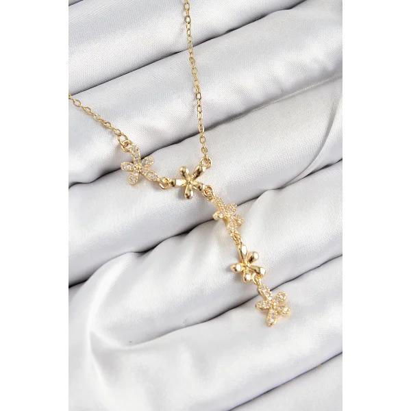 316L Çelik Zirkon Taşlı Çiçek Model Gold Renk Kadın Kolye