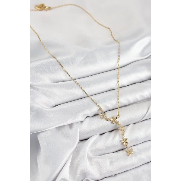 316L Çelik Zirkon Taşlı Çiçek Model Gold Renk Kadın Kolye