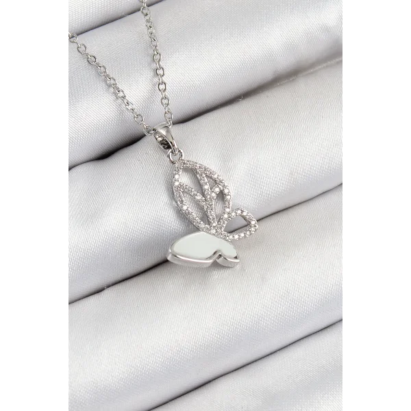 316L Çelik Zirkon Taşlı Kelebek Model Gümüş Renk Kadın Kolye