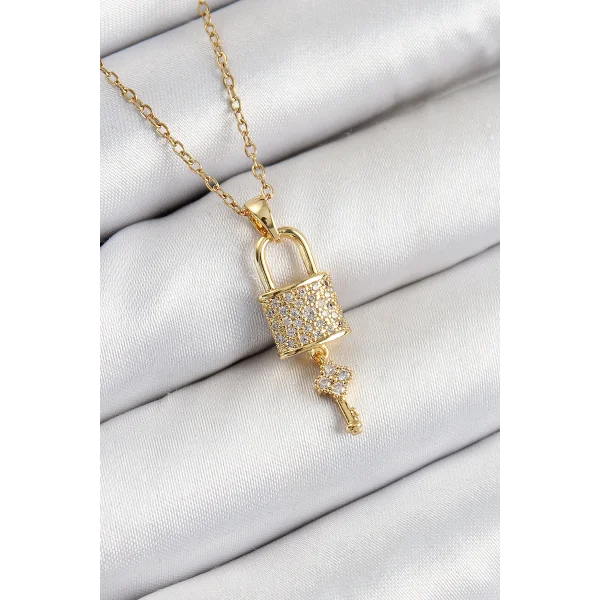 316L Çelik Zirkon Taşlı Kilit Ve Sallantılı Anahtar Model Gold Renk Kadın Kolye