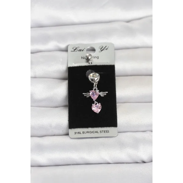 316L Cerrahi Çelik Pembe Zirkon Taşlı Kanat Model Göbek Piercing