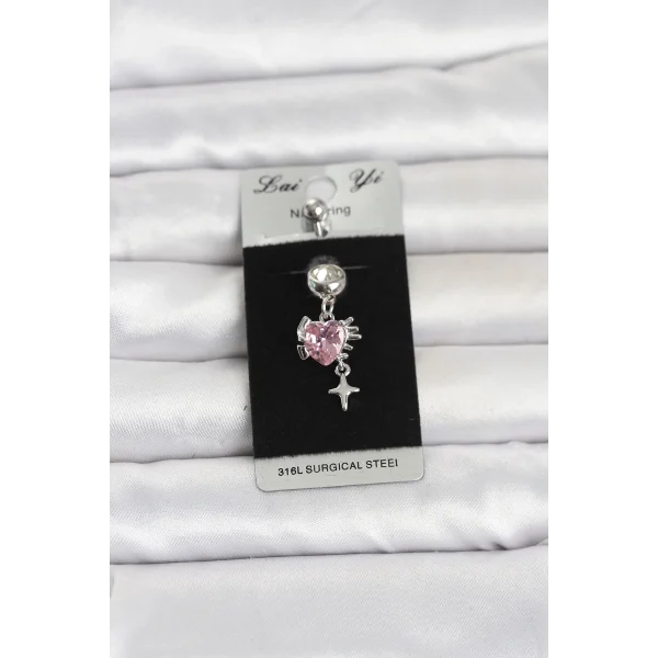 316L Cerrahi Çelik Pembe Zirkon Taşlı Model Göbek Piercing