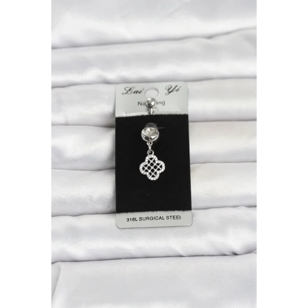 316L Cerrahi Çelik Zirkon Taşlı Sallantılı Yonca Model Göbek Piercing