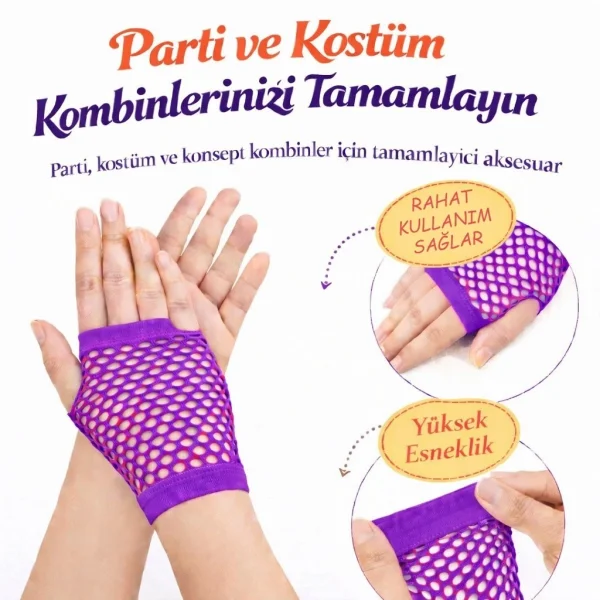 80’ler 90’lar Retro Mor File Parmaksız Kısa Eldiven 11 Cm