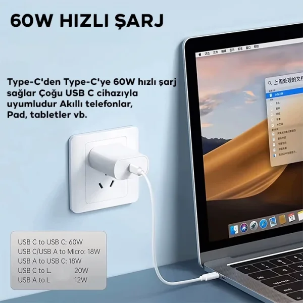 ALLY 5in1 iPhone+ Type-C+ USB Seyahat için 60W Hızlı Şarj Kablo Seti-(5775)