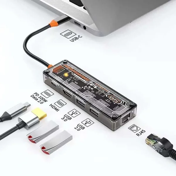 ALLY 5in1 Type-c To USB3.0 + USB2.0 + Type-c PD 100W + HDMI + Ethernet Çoğaltıcı Transparan Hub-(5775)