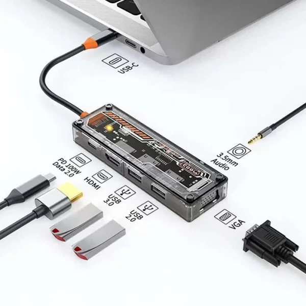ALLY 6in1 Type-c To USB3.0 + USB2.0 + Type-c PD 100W + HDMI + VGA + 3.5mm  Çoğaltıc Transparanı Hub-(5775)