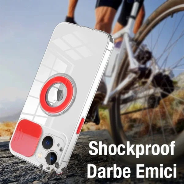 Ally iPhone 13 Mini 5.4inç Kılıf Sürgülü Kamera Lens Korumalı Yüzük Standlı Silikon Kılıf-(5775)