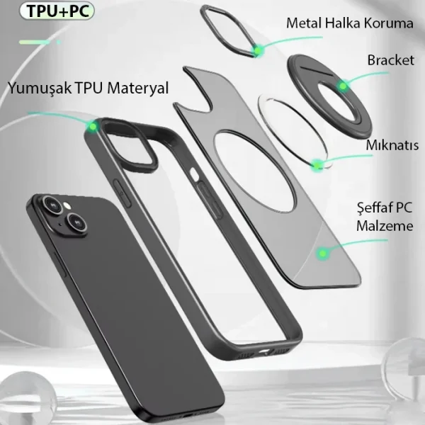 ALLY iPhone 15 İçin Magsafe Uyumlu Yüzük Standlı Manyetik Silikon Kılıf-(5775)