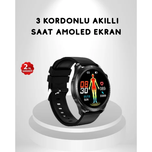 AMOLED Ekranlı Akıllı Saat – 3 Kordon Seçenekli Suya Dayanıklı Kalp Atış ve Uyku Takip Özellikli