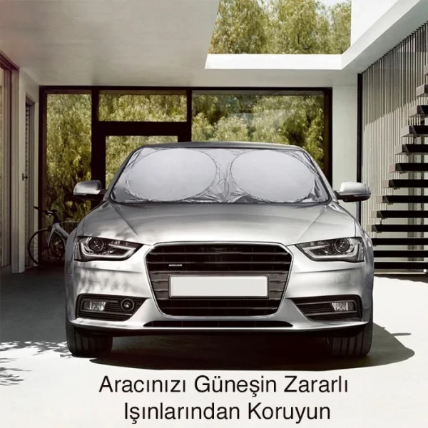 Araç Oto Ön Cam Çift Daireli Gümüş Kaplama Güneş Kalkanı Branda-(5775)