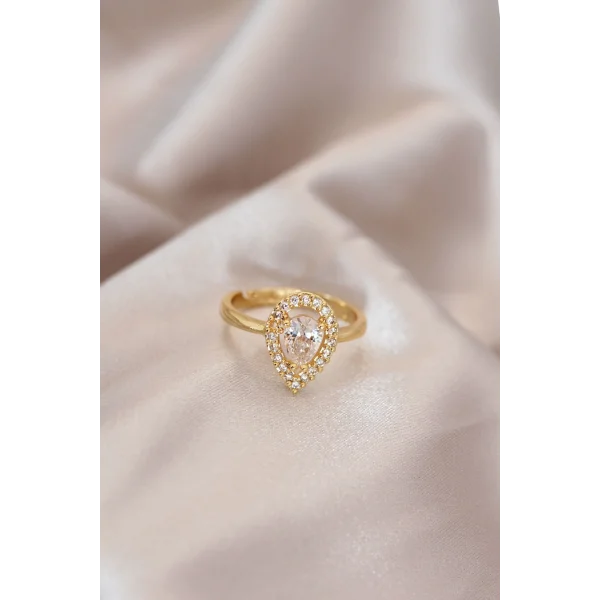 Ayarlamalı Gold Renk Metal Zirkon Taşlı Damla Model Yüzük
