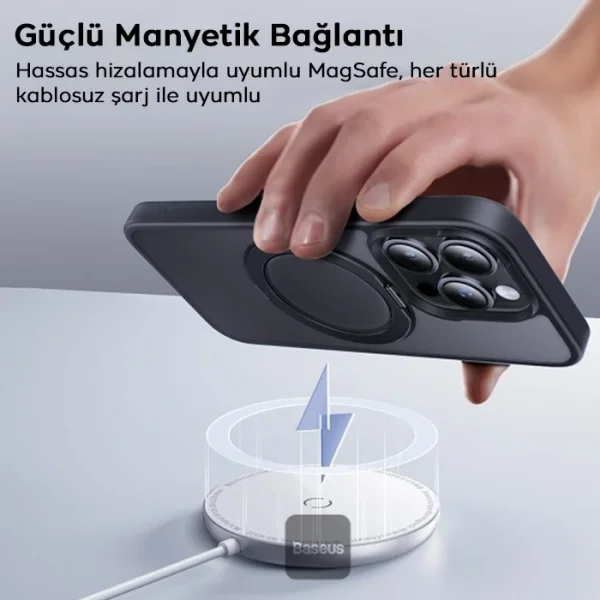 Baseus iPhone 15 Pro Max SkyRing Serisi Standlı Magsafe Manyetik Kılıf + Tempered Ekran Koruyucu Set-(5775)