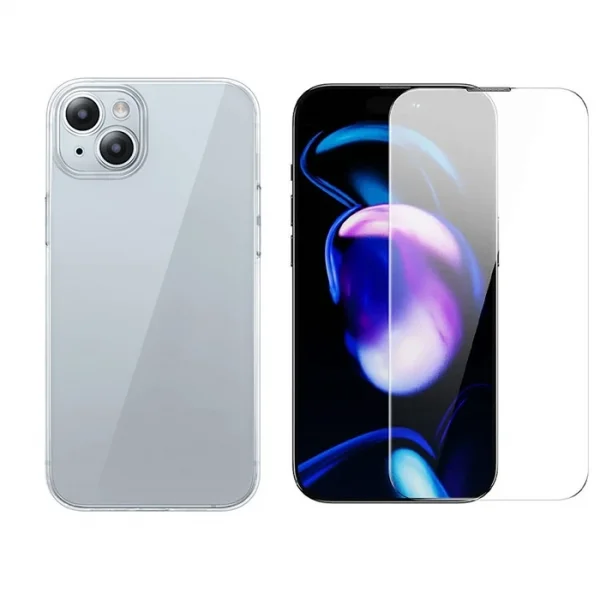 Baseus iPhone 15 Schott Serisi Şeffaf Silikon Kılıf + Tempered Ekran Koruyucu Set-(5775)