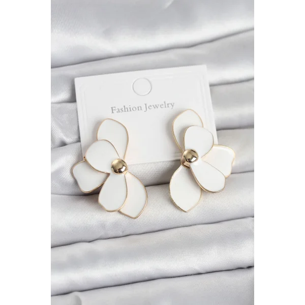 Beyaz Mineli Lotus Model Pirinç Kadın Küpe