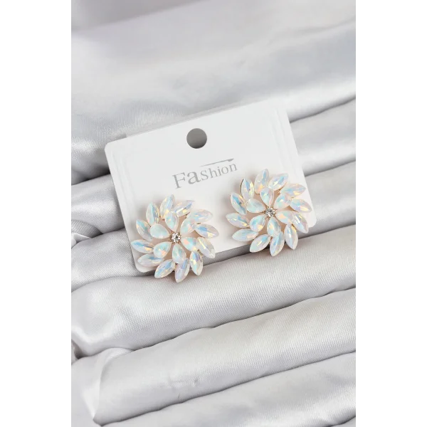 Beyaz Renk Kristal Taşlı Çiçek Model Kadın Küpe