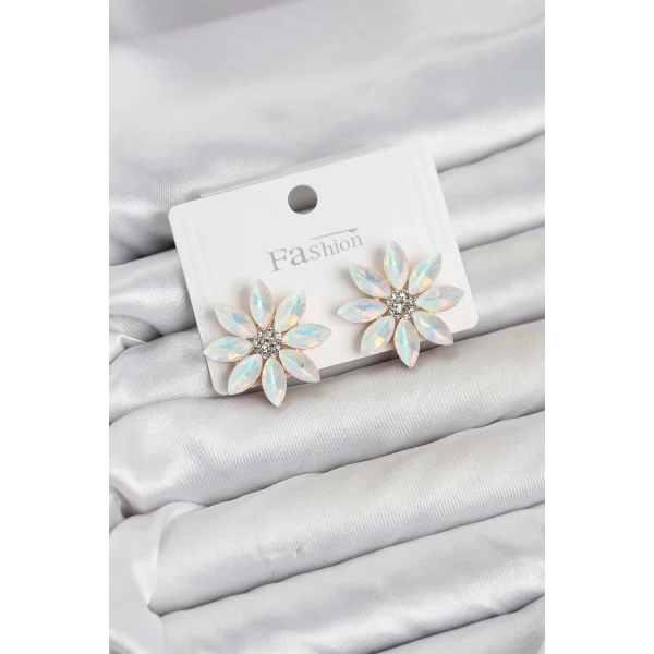 Beyaz Renk Kristal Taşlı Lotus Çiçek Model Kadın Küpe