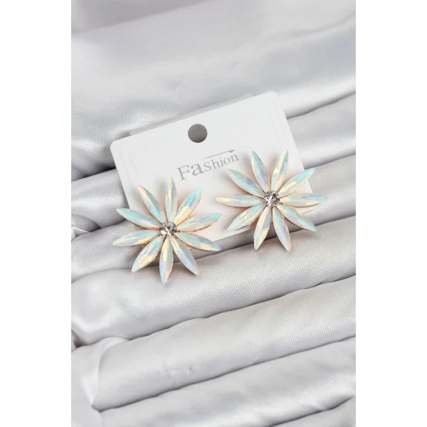 Beyaz Renk Kristal Taşlı Lotus Model Kadın Küpe