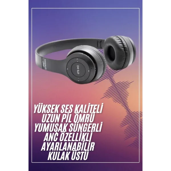 Bluetooth Kablosuz Kulaklık Siyah Wireless 5.0 Kulak Üstü Uzun Pil Ömrü